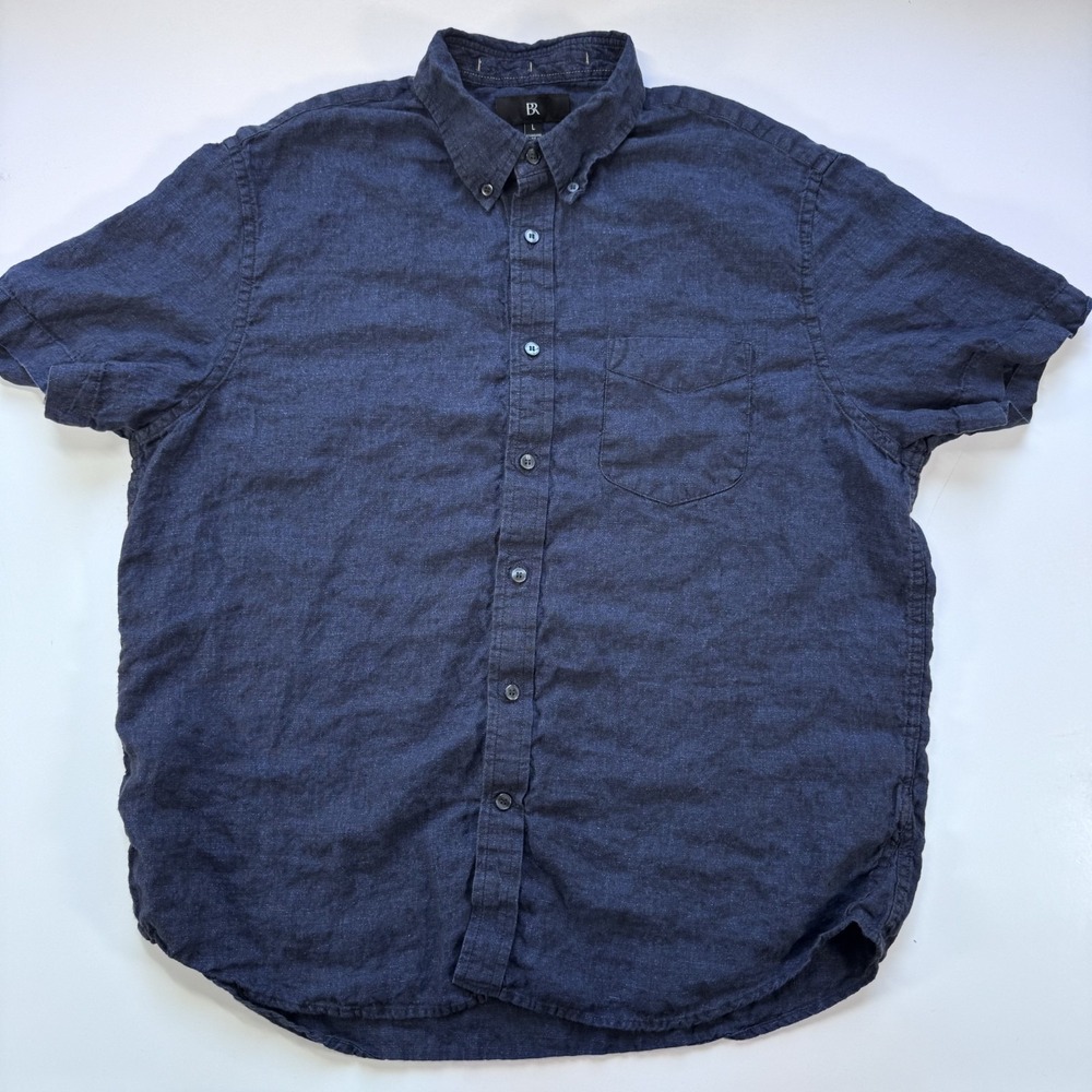 BANANA REPUBLIC 100% Linen Short Sleeve Button Down Shirt Mens Large Blue